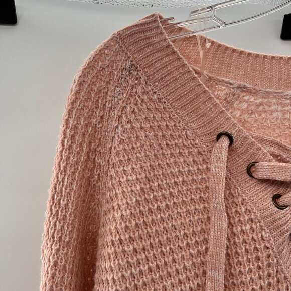 It's Our Time Women's Knit Pullover Sweater Lace Up Neck Long Sleeve Pink Medium - Picture 5 of 9